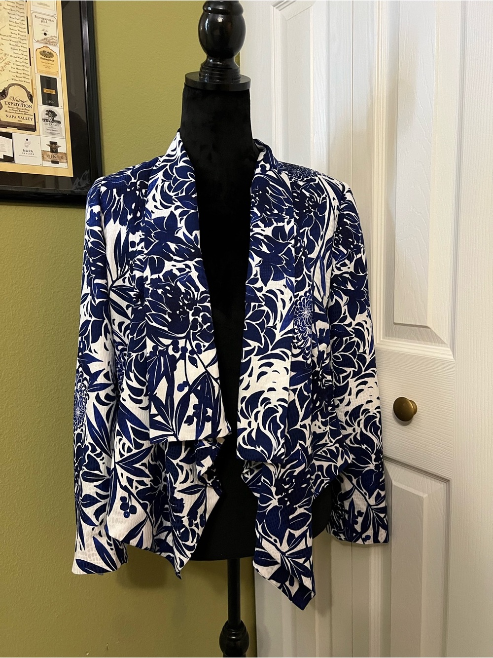 Chico’s Black Label, Blue and White Floral Open-Front Blazer